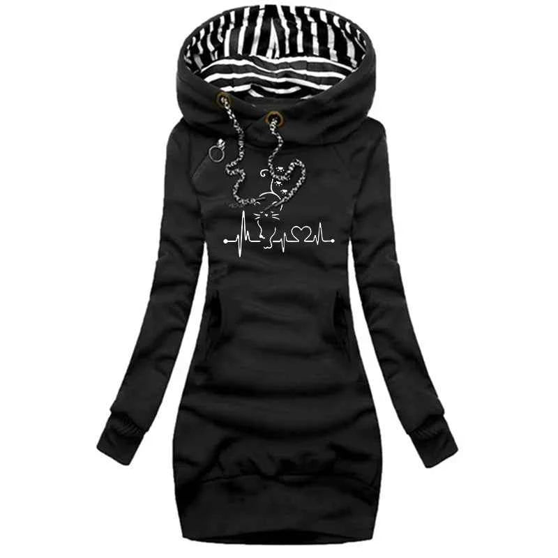 Trendy Line Cat Printed Autumn and Winter Women's Fashion Hoodie Dresses Hoodie Dresses Women's Long Sleeve Sweater Dresses