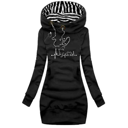 Trendy Line Cat Printed Autumn and Winter Women's Fashion Hoodie Dresses Hoodie Dresses Women's Long Sleeve Sweater Dresses