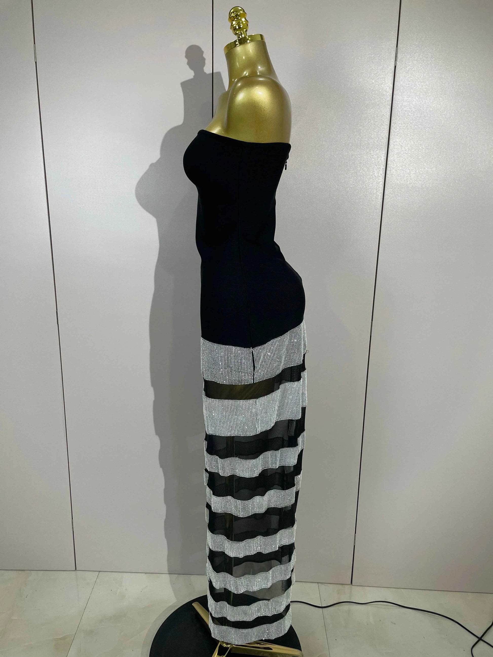 Elegangt Shiny Sexy Mesh Strapless Bodycon Long Bandage Dresses Women Club Birthday Evening Party Slim Celebrity Guest Dresses