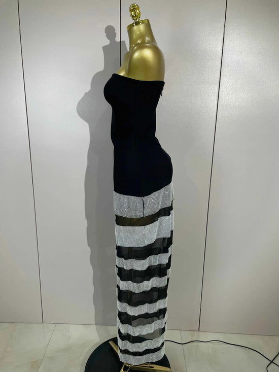 Elegangt Shiny Sexy Mesh Strapless Bodycon Long Bandage Dresses Women Club Birthday Evening Party Slim Celebrity Guest Dresses