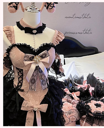 2024 New Spring Summer Ladies Exquisite Lace Skirt Suit Lolita Sweet Womens Black Pink Bow Tube Top Sling Short Cake Skirt Set SS69