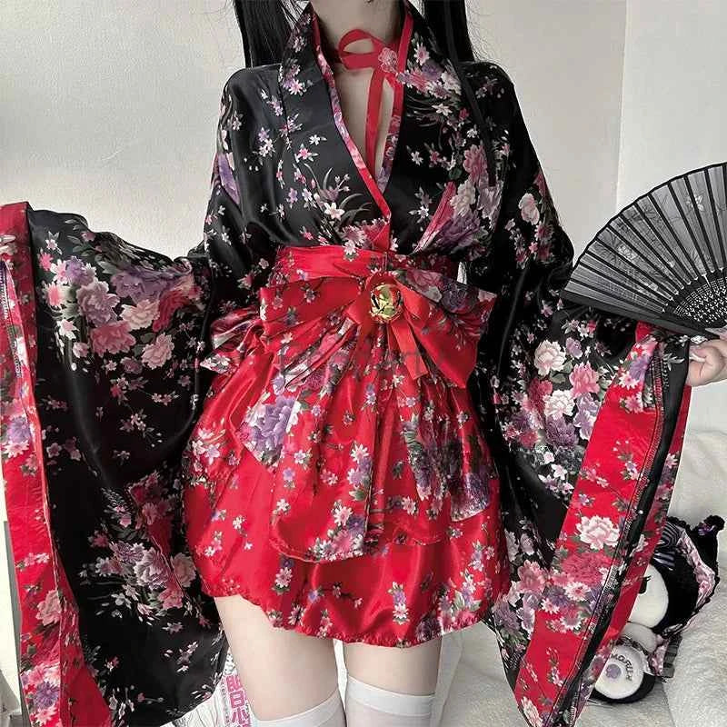 6pcs Traditional Japanese Kimono Robe Kawaii Pink Sakura Printed Bowknot Lolita Dress Halloween Party Geisha Cosplay Costumes