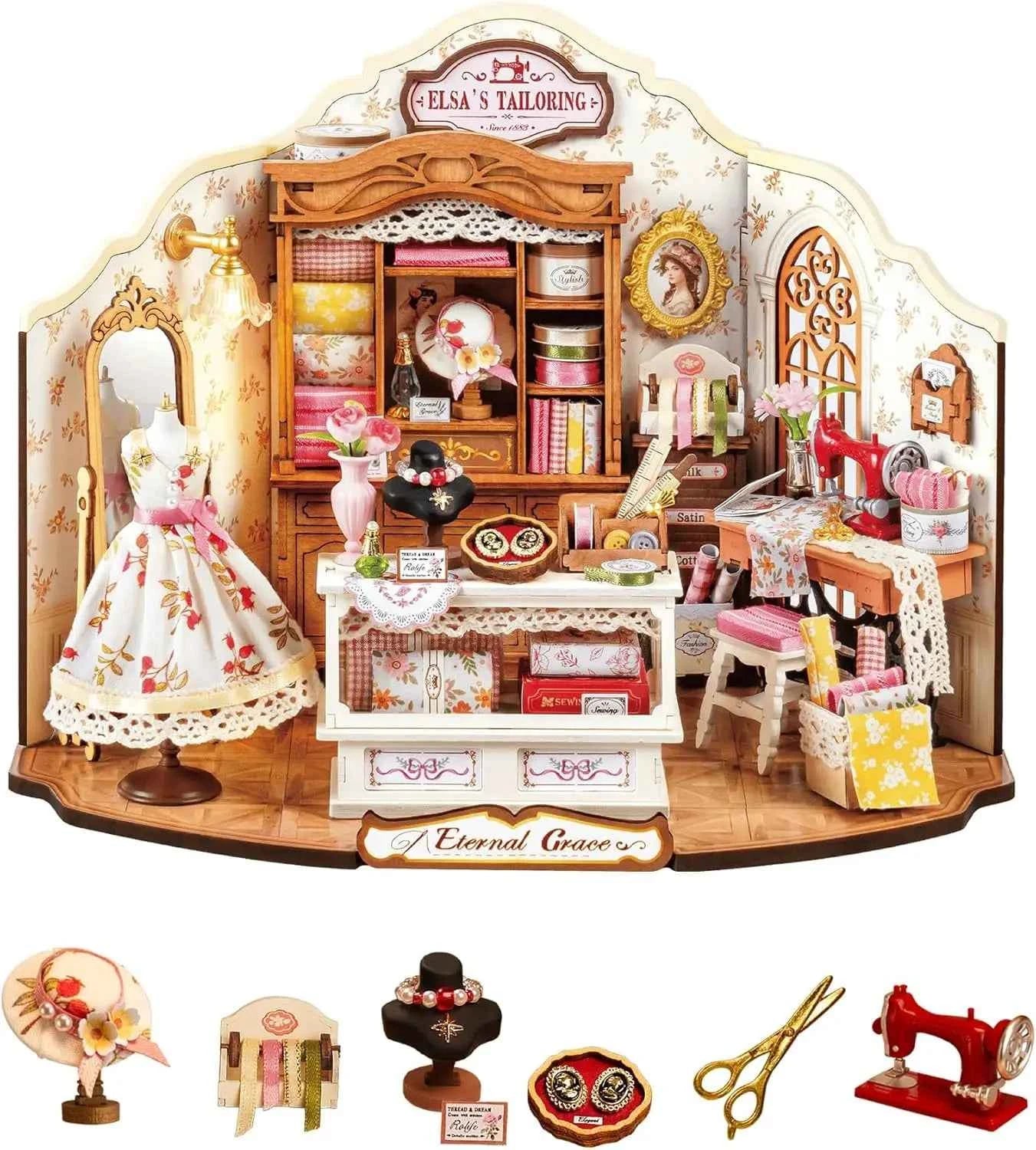 Robotime DIY Miniature House Kit Elsa's Tailoring 1:18 Scale Dollhouse Building Kit Antique Bookshelf Display Crafts for Adults