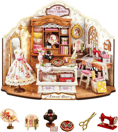 Robotime DIY Miniature House Kit Elsa's Tailoring 1:18 Scale Dollhouse Building Kit Antique Bookshelf Display Crafts for Adults