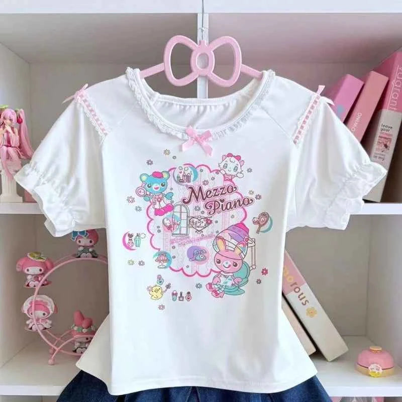 Japanese Sweet Kawaii Cartoon Polka Dot Print T-shirt Women Loose Casual Contrast Color Cute Graphic Tees Y2k Aesthetic Tops New