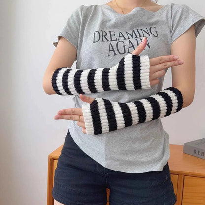Gothic Striped Knitted Fingerless Arm Sleeves Black White Striped Winter Long Arm Warmers Girls Harajuku Y2K Wrist Gloves