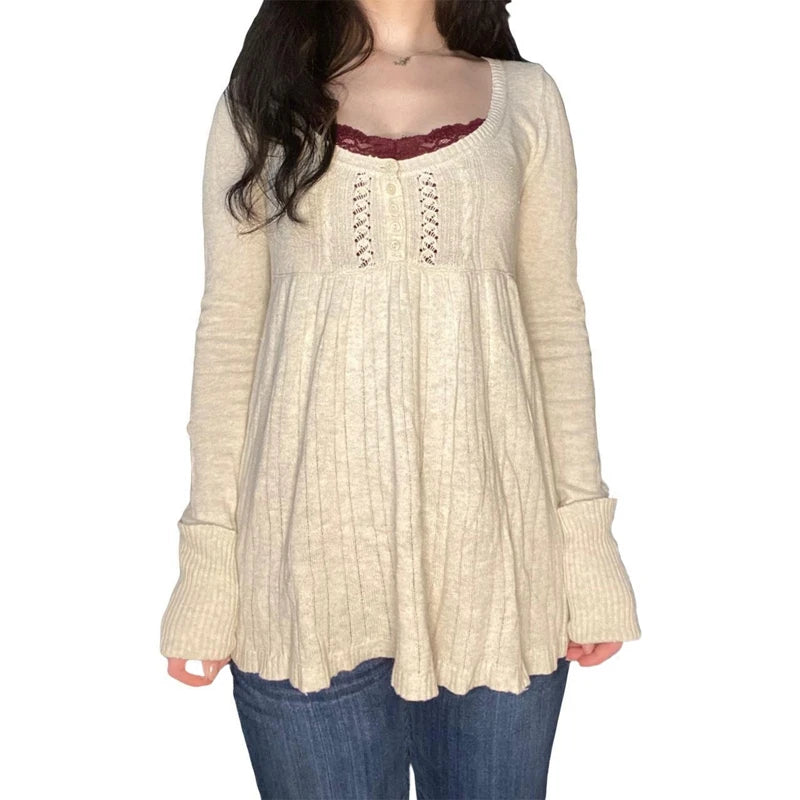 2000s Vintage Long Sleeve Babydoll Knitted Sweater Tops Cottage Milkmaid Pullovers Aesthetic Grunge Y2k Knitwear T-shirts Women SS69