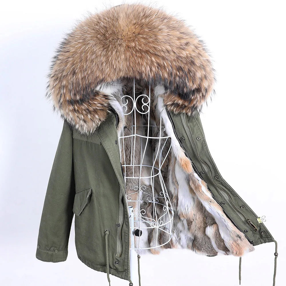 Maomaokong Winter Women Parka Cotton Jacket Real Fur Coat Natural Fox Fur Hooded Rabbit Fur Liner Thick Warm Outerwear Female