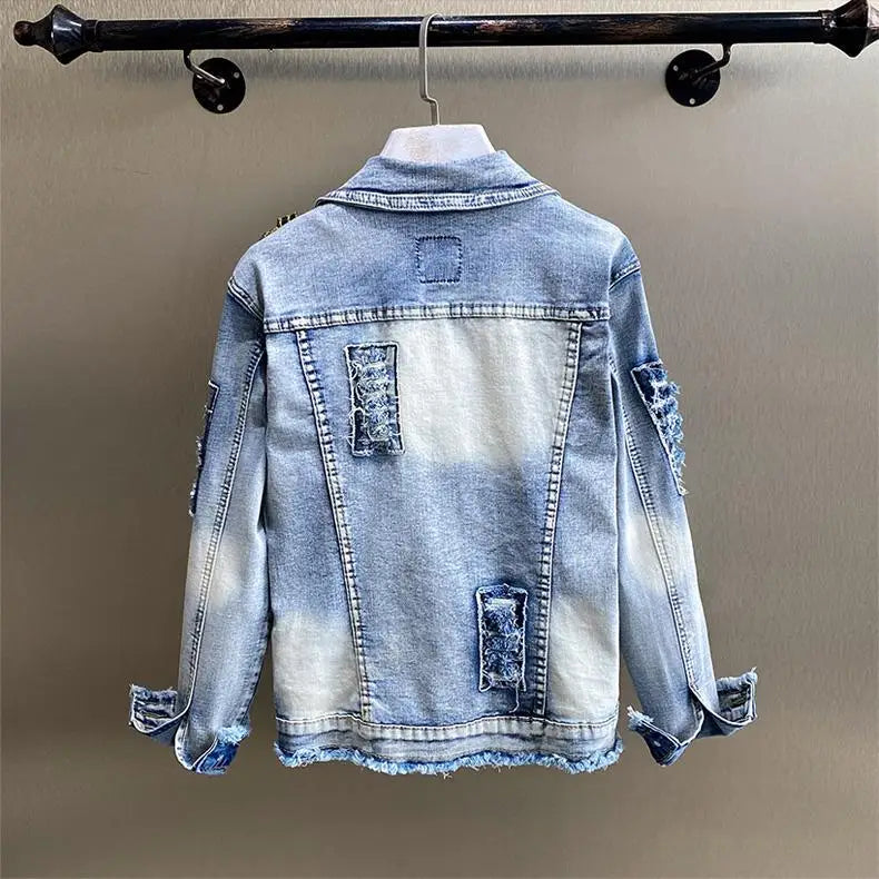 Retro Diamonds Embedding Floral Embroidery Denim Coat Spring Flowers Sequins Appliques Slim Jeans Jacket Cowboy Cardigan Jaqueta SS69