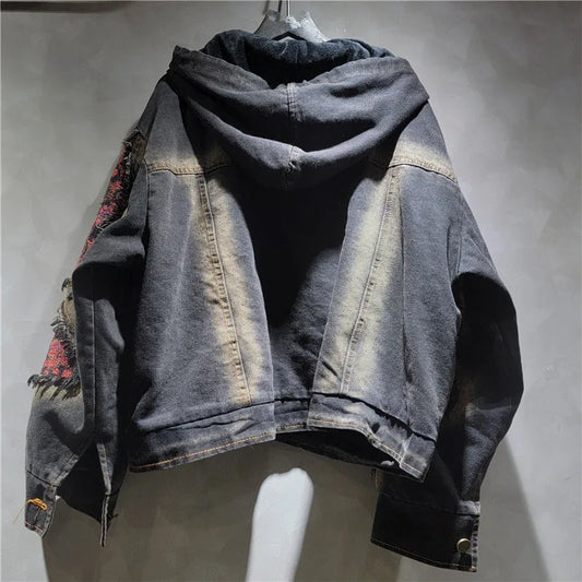 DEAT Women's Patchwork Denim Hooded Jacket and High Waist Wide Leg Pants Set
