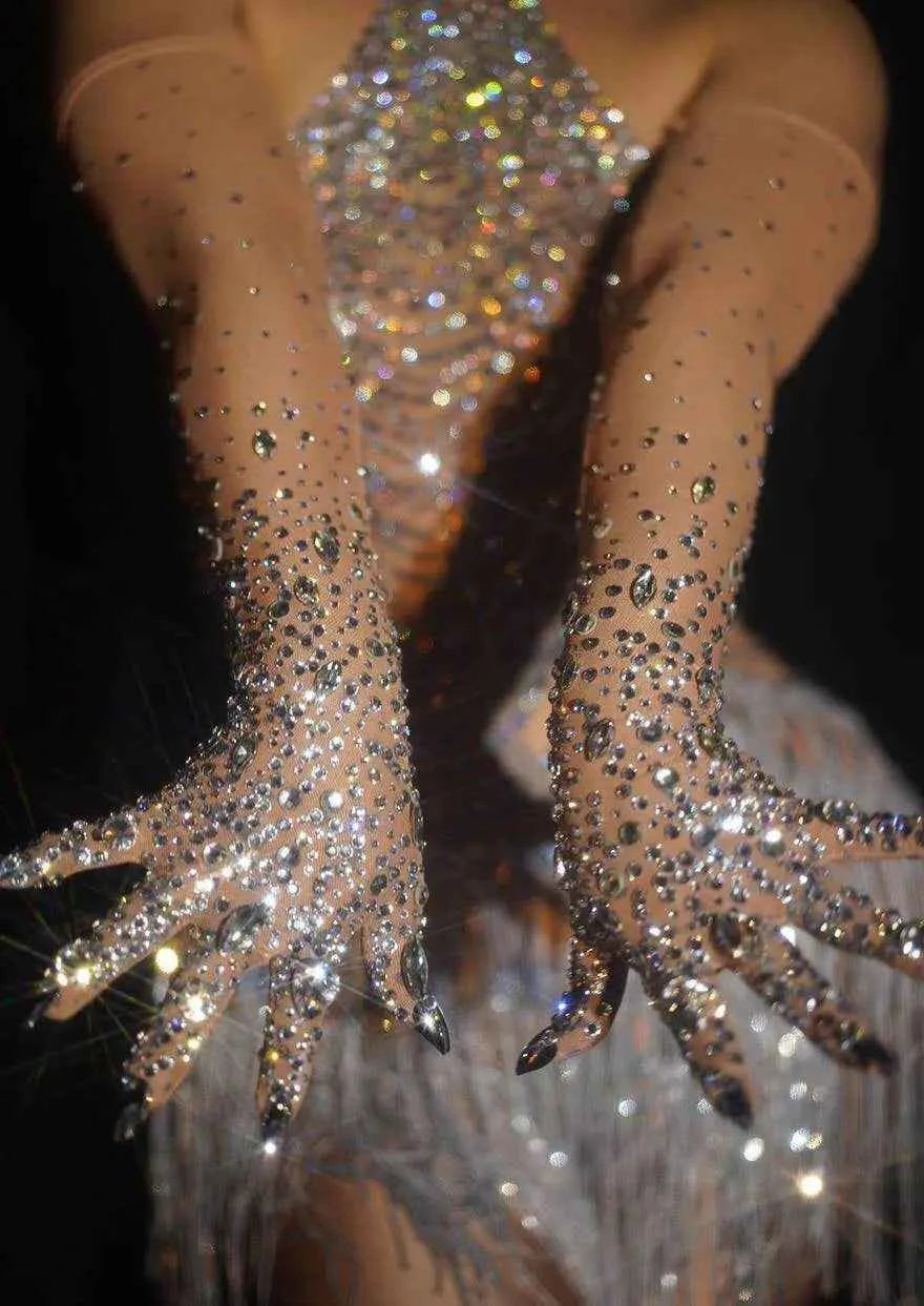 Luxurious Women's Rhinestone Gloves Sparkling Crystal Mesh Long Stretch Dancer Singer Stage Wear Accessory