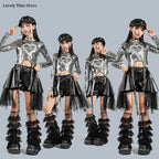 Girls K-pop Silver Shiny Crop Top Street Dance Ribbon Skirt Kids Hip Hop Jazz Clothes Set Children Streetwear Girl Group Costume