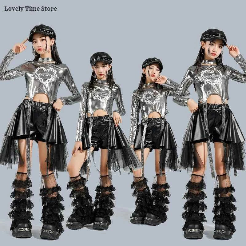 Girls K-pop Silver Shiny Crop Top Street Dance Ribbon Skirt Kids Hip Hop Jazz Clothes Set Children Streetwear Girl Group Costume