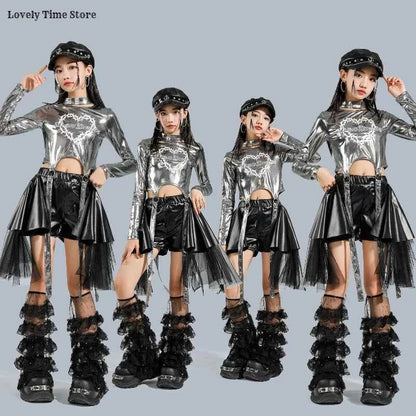 Girls K-pop Silver Shiny Crop Top Street Dance Ribbon Skirt Kids Hip Hop Jazz Clothes Set Children Streetwear Girl Group Costume