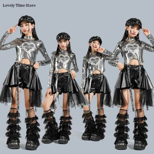 Girls K-pop Silver Shiny Crop Top Street Dance Ribbon Skirt Kids Hip Hop Jazz Clothes Set Children Streetwear Girl Group Costume