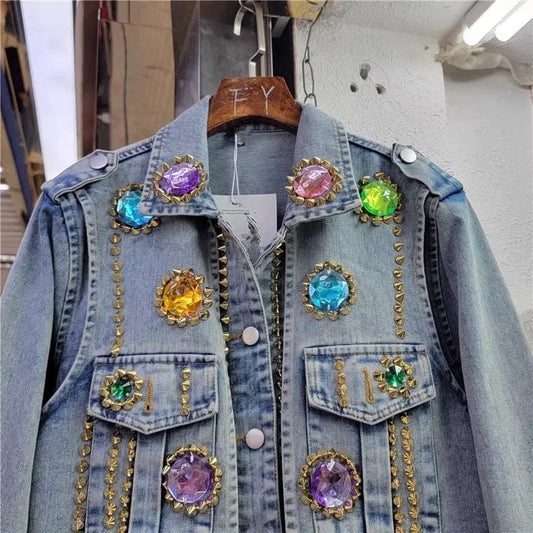Color Gem Stitching Denim Coat Autumn New American Style Vintage Washed Beaded Rivet Street Fashion Short Jacket Women Trendy SS69