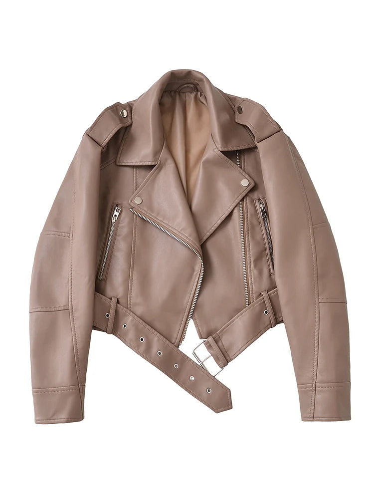 Ailegogo Women's Faux Leather Moto Jacket with Belt