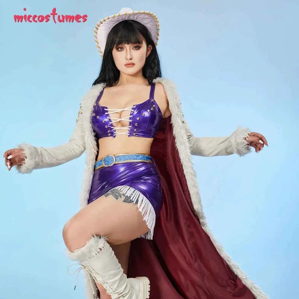 Miccostumes Women's Anime Cosplay Costume Bra and Miniskirt with Long Coat and Hat Halloween Cosplay Costumes