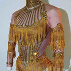 Custom rhinestones bodysuit tassels women Celebrate stage Team pole dance club party fashion leotard clothing