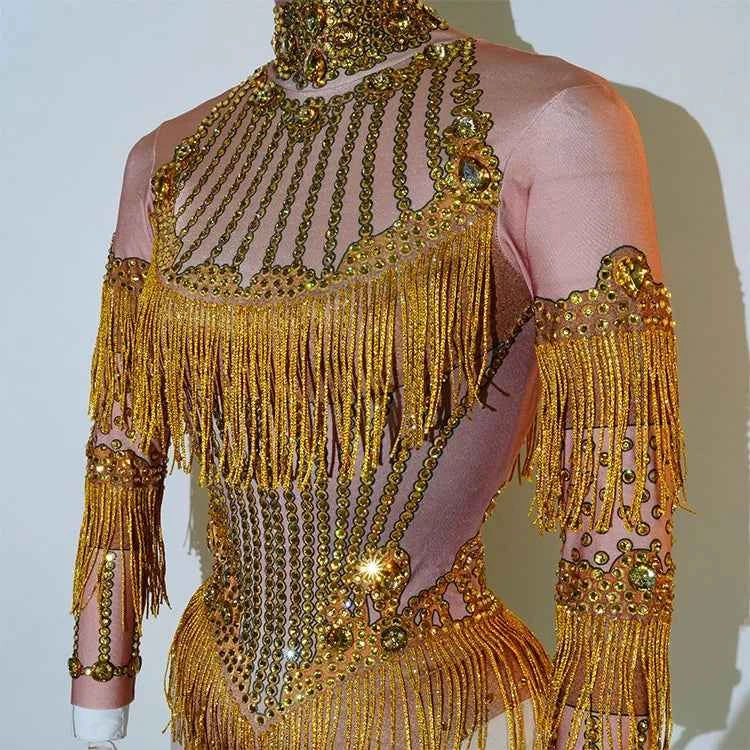 Custom rhinestones bodysuit tassels women Celebrate stage Team pole dance club party fashion leotard clothing