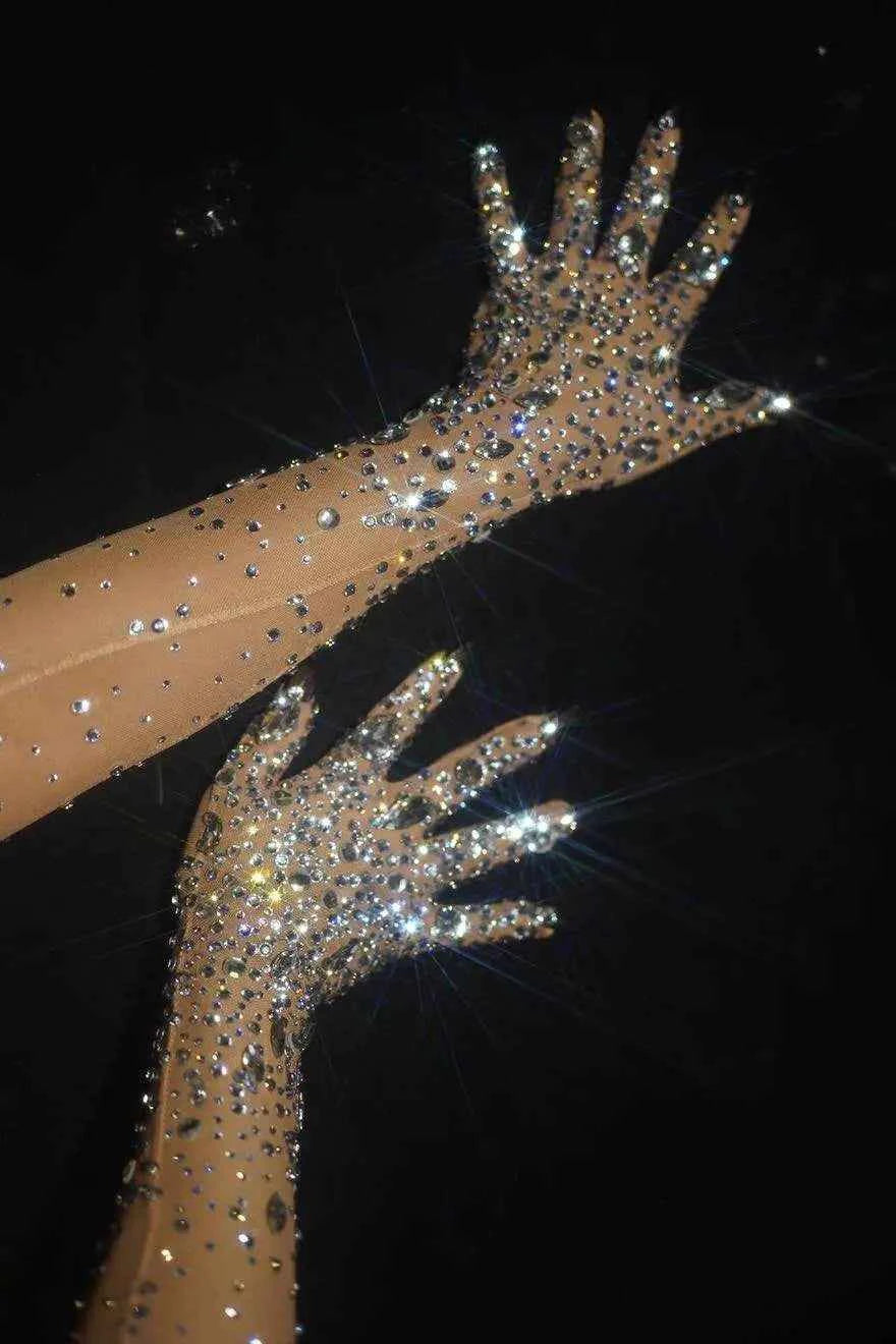 Luxurious Women's Rhinestone Gloves Sparkling Crystal Mesh Long Stretch Dancer Singer Stage Wear Accessory