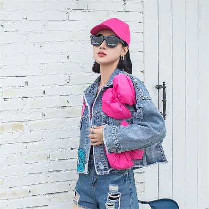 2024 New Women Coat Cartoon Sticker Embroidered Sequin Short Denim Jacket Loose Bowknot Top SS69
