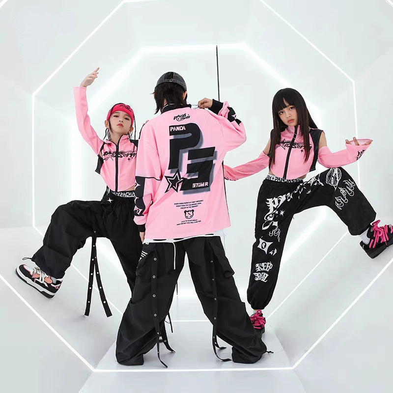 Hip Hop Dance Costume for Girls Pink Tops Black Pants Teenagers Boys Jazz Dance Performance Clothes Kpop Outfits Kids Stage Wear SS69