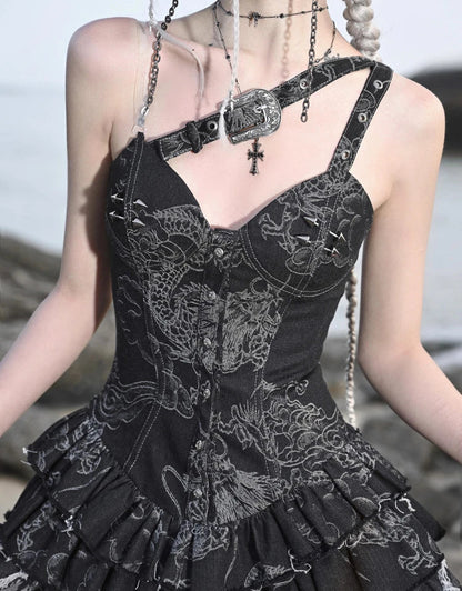 Blood Supply Original Punk Aesthetic dress hot girl Dragon Pattern Denim Sexy Slim Fit Dress Summer Halter Ruffles Short Dresses SS69