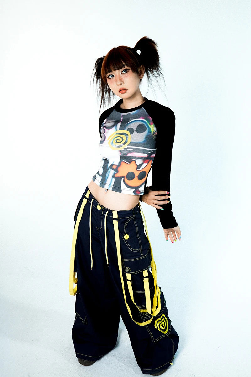 Women Vortex Skull Print Long Sleeve Raglan Stitch Backing T-Shirt Tops Fairy Grunge Graphic Vintage Y2k Slim Long Sleeve Top SS69