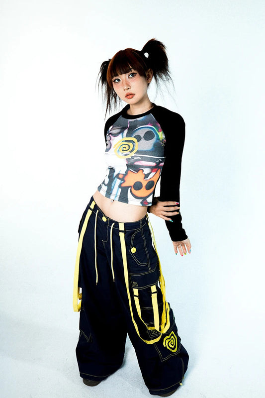 Women Vortex Skull Print Long Sleeve Raglan Stitch Backing T-Shirt Tops Fairy Grunge Graphic Vintage Y2k Slim Long Sleeve Top SS69