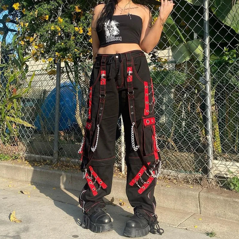 Cyber Punk Unisex Cargo Wide Leg Pants Chain Bandage Ruched Tie Capris Pants Women Gothic Baggy Trousers BF Hippie Grunge Jogger SS69