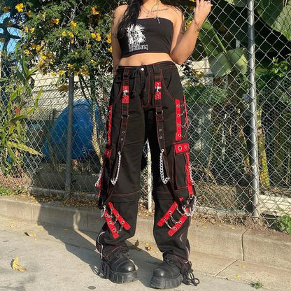 Cyber Punk Unisex Cargo Wide Leg Pants Chain Bandage Ruched Tie Capris Pants Women Gothic Baggy Trousers BF Hippie Grunge Jogger SS69