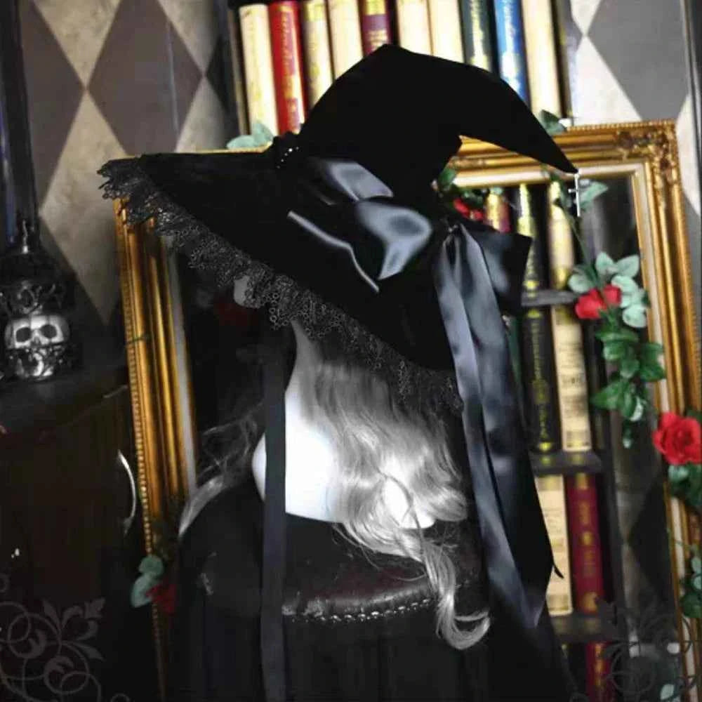 Handmade Lace Witch Pointed Hats Bandage Bow Wizard Hat Adult Gothic Lolita Cosplay Costume Halloween Party Bucket Hat