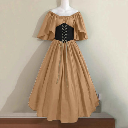 Halloween Costumes for Women Medieval Retro Contrasting Color Slim Swing Dress One-word Shoulder Dress Love Live Cosplay