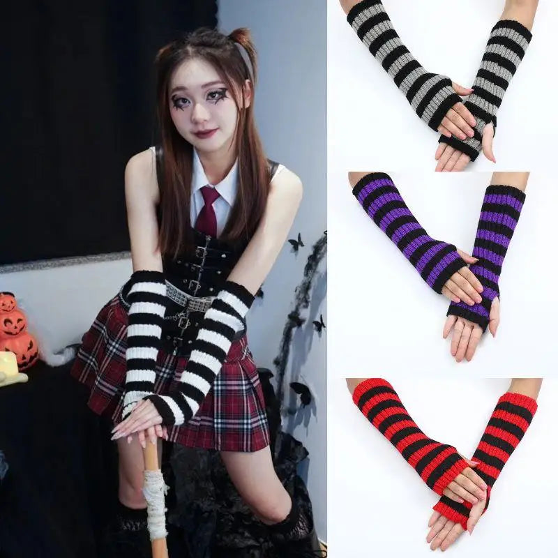 Lolita Striped Women's Knitted Fingerless Arm Sleeves Halloween Gothic Style Long Arm Warmers Girls Punk Striped Elbow Gloves SS69