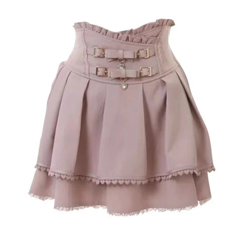 Japanese Kawaii Mini Cake Skirts Womens Jupe Fairy Bandage Lolita High Waist Y2k Aesthetic Sweet Lace Gothic JK Faldas Skirt SS69