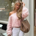 Talenza Women's Plush Pullover Fashion Solid Loose High Street Sweaters Vintage Chic Strapless Autumn Casual Female Pullovers