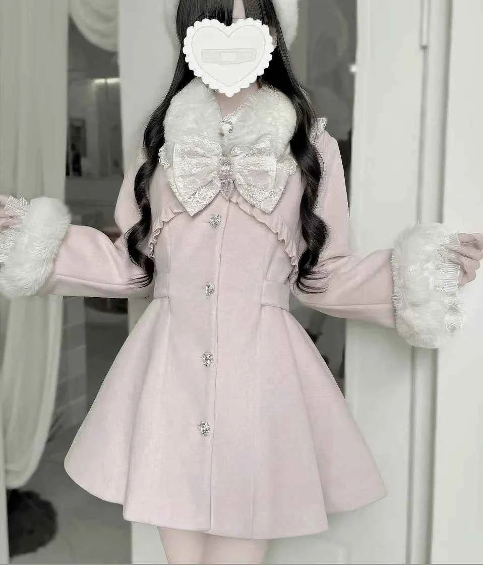 Japanese Mass-Produced Long Wool Collar Coat 20% Wool Waist-Cinching Sweet Girl Long Sleeve Slim Fit Elegant Lolita Woolen Coat