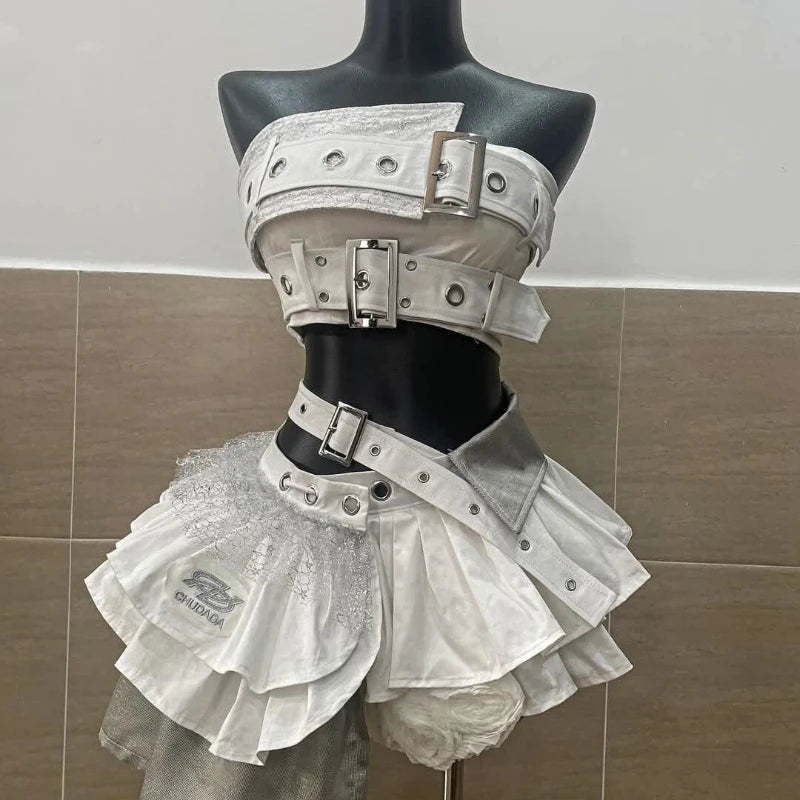 Summer Vintage Elegant Y2K Woman 2 Piece Sets Punk Gothic Strapless Crop Tops +High Waist Ruffle Skirt Female Party Outfits 2025 SS69