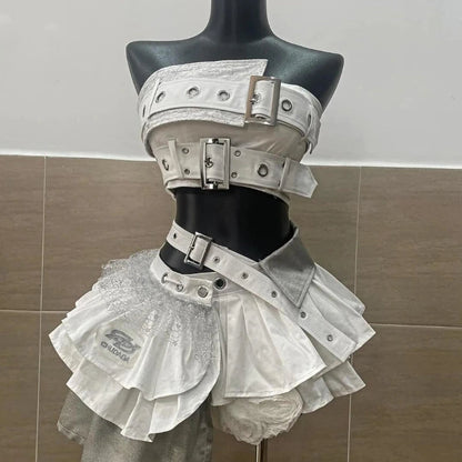 Summer Vintage Elegant Y2K Woman 2 Piece Sets Punk Gothic Strapless Crop Tops +High Waist Ruffle Skirt Female Party Outfits 2025 SS69