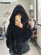 Nerazzurri Autumn Winter Oversized White Black Warm Shaggy Hairy Faux Fur Coat Women with Hood Loose Casual Fluffy Jacket 2023