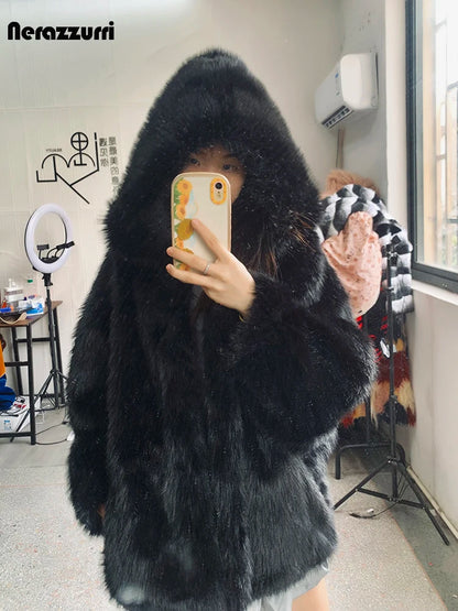 Nerazzurri Autumn Winter Oversized White Black Warm Shaggy Hairy Faux Fur Coat Women with Hood Loose Casual Fluffy Jacket 2023