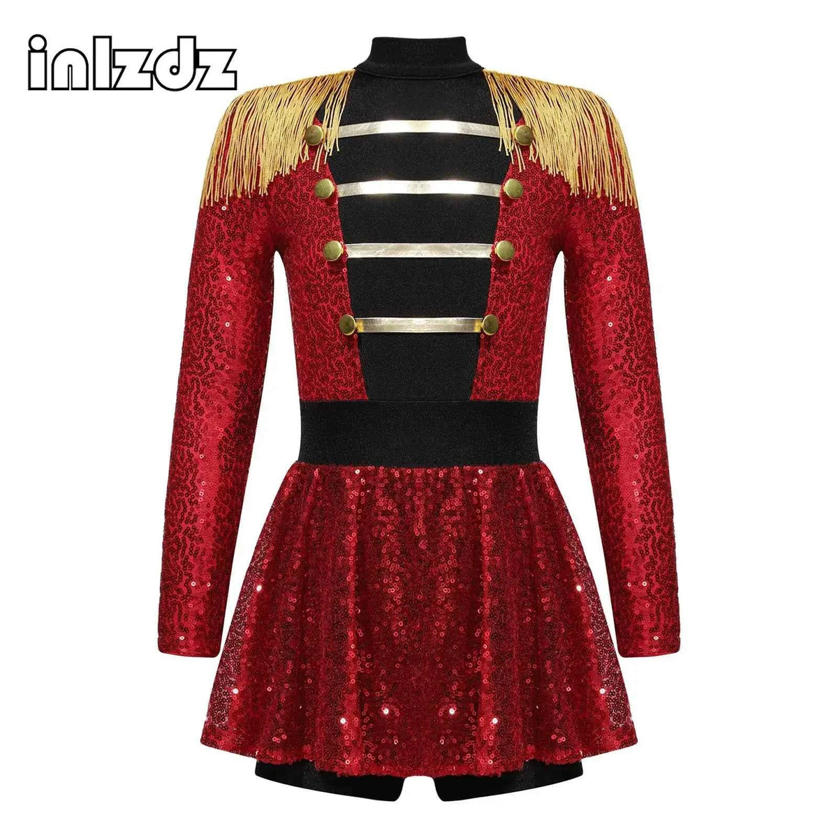 Girls Circus Costume Ringmaster Jumpsuit Shiny Sequins Long Sleeve Tassel Epaulet Leotard Dress for Halloween Fancy Outfit