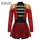 Girls Circus Costume Ringmaster Jumpsuit Shiny Sequins Long Sleeve Tassel Epaulet Leotard Dress for Halloween Fancy Outfit
