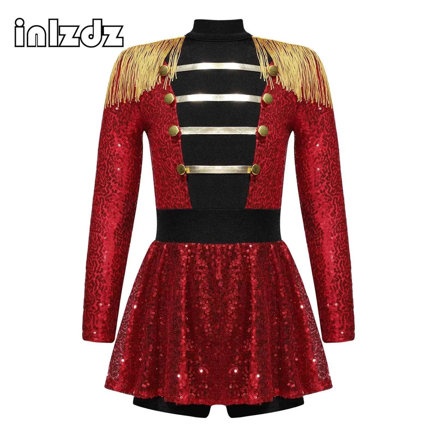 Girls Circus Costume Ringmaster Jumpsuit Shiny Sequins Long Sleeve Tassel Epaulet Leotard Dress for Halloween Fancy Outfit