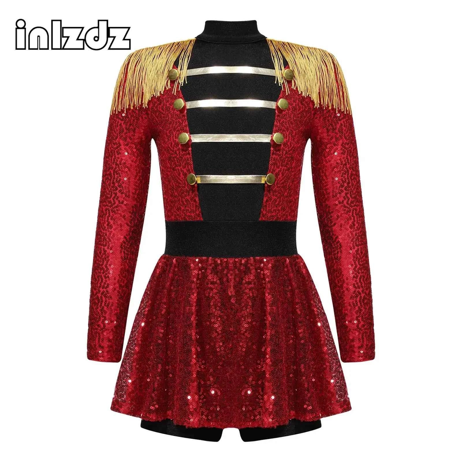 Girls Circus Costume Ringmaster Jumpsuit Shiny Sequins Long Sleeve Tassel Epaulet Leotard Dress for Halloween Fancy Outfit
