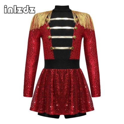 Girls Circus Costume Ringmaster Jumpsuit Shiny Sequins Long Sleeve Tassel Epaulet Leotard Dress for Halloween Fancy Outfit