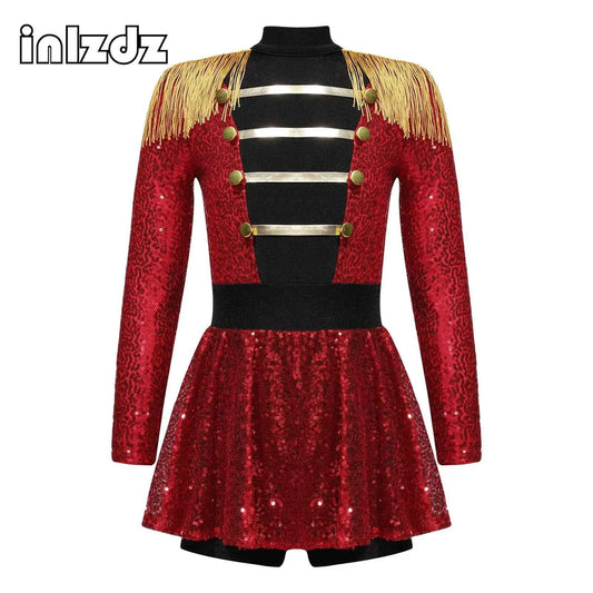 Girls Circus Costume Ringmaster Jumpsuit Shiny Sequins Long Sleeve Tassel Epaulet Leotard Dress for Halloween Fancy Outfit