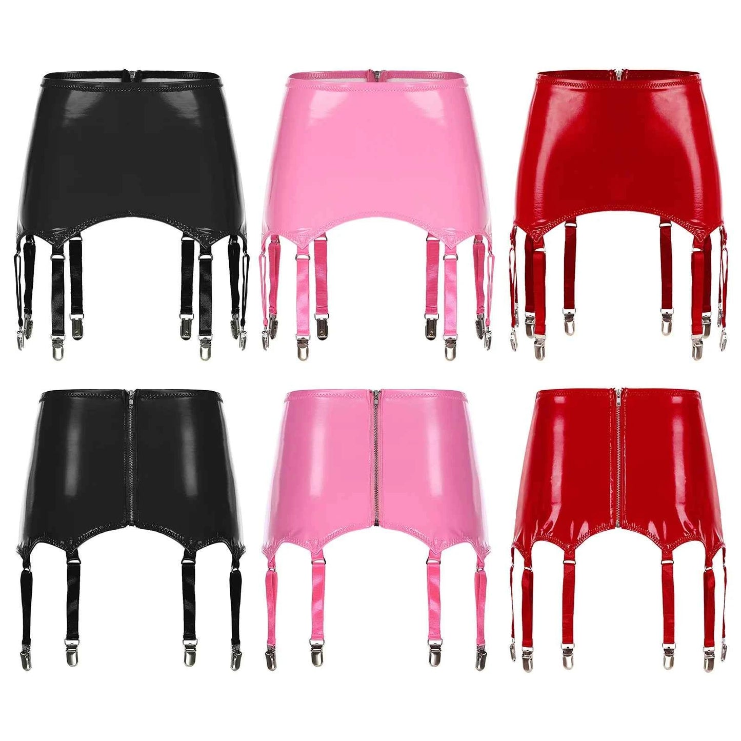 Womens Garters Suspender Belt Skirts Ladies Wet Look Mini Skirts Leather Garters with Metal Clips Clubwear Costume Underwear