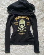 Y2K Retro Zipper Hoodies Women Harajuku Sexy Slim Fit Sweatshirt Autumn Skull Graphic Embroidery Hooded Jacket Gothic Clothing